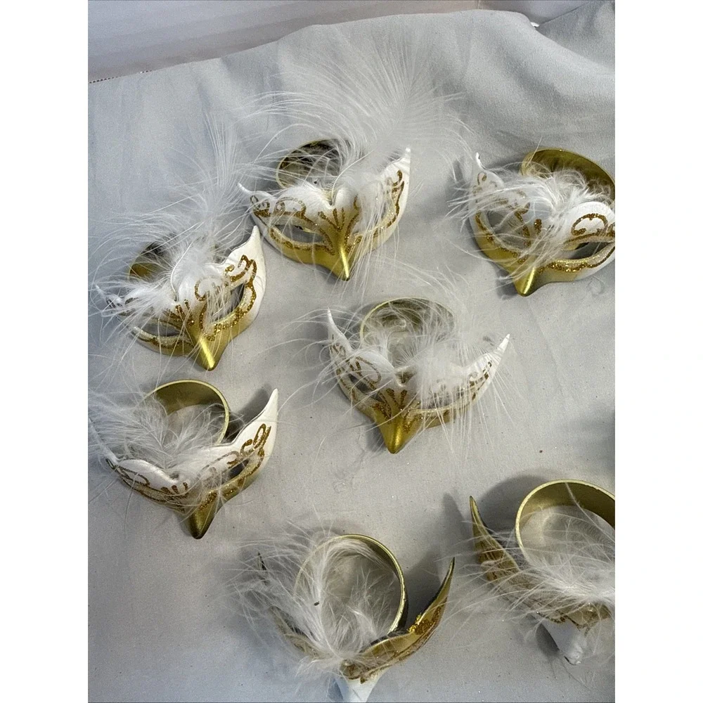 12 Masquerade Mask Napkin Rings Gold White Feather Mardi Gras Party Decor